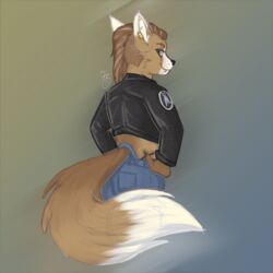  1:1 2023 anthro blue_bottomwear blue_clothing blue_jeans blue_pants bottomwear brown_hair canid canine clothed clothing denim denim_bottomwear denim_clothing ear_piercing fangs fox fully_clothed furgonomic_bottomwear furgonomics gradient_background hair hands_on_hips hi_res jacket jeans looking_at_viewer looking_back looking_back_at_viewer mammal midriff pants patch_(fabric) piercing rear_view sevenserenity side_cut signature simple_background solo stargate tail tail_button_bottoms tail_clothing teeth topwear 