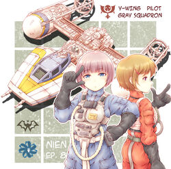  2girls animification astromech_droid black_gloves blue_eyes brown_hair commentary_request droid finger_gun gloves hair_behind_ear hand_on_own_hip multiple_girls nosh pilot_suit pointing purple_eyes purple_hair rebel_alliance rebel_pilot robot science_fiction short_hair spacecraft star_wars starfighter y-wing 