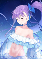  bare_shoulders bikini blue_ribbon blush breasts choker closed_eyes coffeekite collarbone commentary earrings fate/grand_order fate_(series) female frilled_bikini frills hair_ribbon highres jewelry long_hair long_sleeves meltryllis_(fate) meltryllis_(swimsuit_lancer)_(fate) meltryllis_(swimsuit_lancer)_(third_ascension)_(fate) puffy_sleeves purple_hair ribbon side_ponytail sleeves_past_fingers sleeves_past_wrists small_breasts smile solo swimsuit symbol-only_commentary very_long_hair white_bikini white_ribbon 