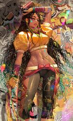  alternate_color alternate_hairstyle crop_top curly_hair dark-skinned_female dark_skin female fingerless_gloves gloves graffiti hair_down headphones highres kimberly_jackson long_hair looking_at_viewer navel okojo paint parted_lips player_2 solo spray_can stomach street_fighter street_fighter_6 toned very_dark_skin very_long_hair wall 