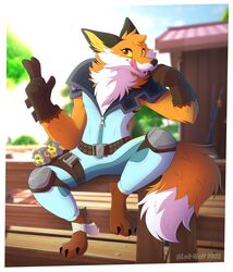  2023 5_fingers absurd_res anthro artist_name border bottomwear building canid canine clothing digital_media_(artwork) digitigrade epic_games fence fennix_(fortnite) fingers fluffy fortnite fox hi_res leo-wolf male mammal outside pants red_fox sitting_on_fence solo tongue tongue_out topwear true_fox white_border year 