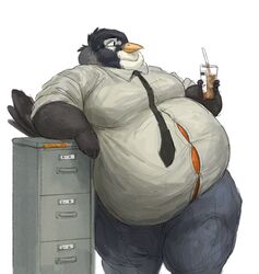  2021 anthro avian belly beverage big_belly bird bottomwear button_(fastener) cabinet cettus clothed clothing container cup disposable_cup drawer dress_shirt feathers filing_cabinet grey_body grey_feathers hi_res holding_beverage holding_object leaning leaning_on_object male necktie obese obese_anthro obese_male office orange_belly oscine overweight overweight_anthro overweight_male pants passerine robin_(bird) shirt simple_background solo standing straining_buttons straw_(disambiguation) topwear white_background 