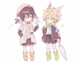  2boys animal_ears arknights ayerscarpe_(arknights) bishounen blue_eyes brown_hair electricity flower full_body jacket leonhardt_(arknights) lolicon male_focus multiple_boys orange_eyes rabbit_boy rabbit_ears ribbon sen_(5710265) shoes short_hair shorts thighs umbrella 