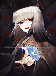  black_eyes black_hair black_hat black_kimono blunt_bangs breasts chajinbou disembodied_hand fate/grand_order fate_(series) female flower ghost_hands glint gradient_hair grey_hair hat highres japanese_clothes kimono long_sleeves looking_at_viewer medium_hair multicolored_hair obi ohuman open_mouth sash sen_no_rikyu_(fate) sen_no_rikyu_(second_ascension)_(fate) small_breasts smile solo tassel wide_sleeves 