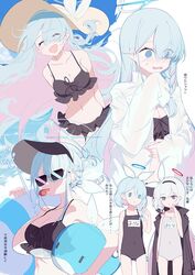  3girls :d ^_^ arona_(blue_archive) ba_fed_kitaku bikini black_bikini black_one-piece_swimsuit blue_archive blue_hair braid breasts cleavage closed_eyes collarbone colored_inner_hair covered_navel eyes_visible_through_hair general_student_council_president_(blue_archive) grey_one-piece_swimsuit hair_over_one_eye hat long_hair medium_breasts multicolored_hair multiple_girls multiple_views new_school_swimsuit official_alternate_hairstyle one-piece_swimsuit open_mouth pink_hair plana_(blue_archive) school_swimsuit shirt single_braid smile swimsuit translation_request two-tone_hair very_long_hair whistle white_hair white_shirt yellow_headwear 