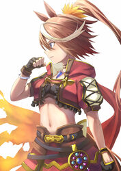  absurdres animal_ears black_gloves blue_eyes breasts brown_hair chakuma_(yiyh1468) clenched_hands closed_mouth female fingerless_gloves flower gloves hair_flower hair_ornament highres horse_ears horse_girl horse_tail jewelry long_hair midriff multicolored_hair navel necklace official_alternate_costume ponytail profile puffy_short_sleeves puffy_sleeves short_sleeves simple_background solo streaked_hair tail tokai_teio_(beyond_the_horizon)_(umamusume) tokai_teio_(umamusume) two-tone_hair umamusume white_background white_hair 