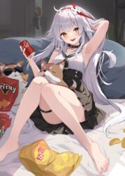  absurdres ahoge alternate_costume animal arm_behind_head arm_up armpits bare_arms bare_legs bare_shoulders barefoot black_choker black_skirt brand_name_imitation breasts can canine character_request chips_(food) choker coca-cola cola collared_shirt convenient_leg doritos feet female fenrir_(tower_of_fantasy) food hairband hand_in_own_hair hand_up high-waist_skirt highres holding holding_can lay&#039;s_(potato_chips) legs long_hair looking_at_viewer miaohik miniskirt nail_polish neckerchief open_mouth pleated_skirt potato_chips ritz_crackers shirt skirt sleeveless sleeveless_shirt small_breasts smile solo spread_toes thick_eyebrows thigh_strap thighs toenail_polish toenails toes tower_of_fantasy white_hair white_shirt yellow_eyes 