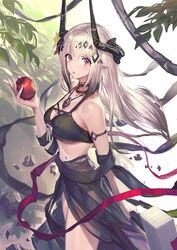  absurdres apple arknights bikini black_bikini female flower food fruit gesoking hair_between_eyes hair_ornament hammer highres holding holding_food horns infection_monitor_(arknights) long_hair looking_at_viewer material_growth mudrock_(arknights) mudrock_(silent_night)_(arknights) official_alternate_costume oripathy_lesion_(arknights) pointy_ears red_eyes sarong solo swimsuit white_hair 