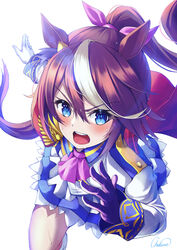  absurdres animal_ears ascot blue_eyes bow brown_hair buttons cape chakuma_(yiyh1468) commentary_request double-breasted ear_bow epaulettes female frills hair_between_eyes highres horse_ears horse_girl horse_tail long_hair looking_at_viewer multicolored_hair open_mouth pink_ascot pink_hair ponytail red_cape running signature simple_background single_epaulette solo streaked_hair tail tokai_teio_(umamusume) two-tone_hair umamusume white_background white_hair 