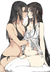  2girls babydoll black_bra black_hair black_panties blue_eyes blush bra braid breast_press breasts chinese_commentary collarbone commentary_request eye_contact hand_on_another&#039;s_head hand_under_clothes highres long_hair looking_at_another medium_breasts multiple_girls nancy980216 original panties parted_lips purple_eyes side-tie_panties sidelocks simple_background sitting symmetrical_docking teeth thighhighs underwear very_long_hair white_babydoll white_background white_thighhighs yuri 