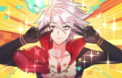  1boy bishounen black_bodysuit blue_eyes bodysuit center_opening chains chest_jewel closed_mouth double_v emotional_engine_-_full_drive eyeshadow fate/apocrypha fate/grand_order fate_(series) hair_between_eyes hands_up heterochromia karna_(fate) makeup male_focus parody popped_collar red_eyes red_eyeshadow sagta_panggang solo sparkle star_(symbol) upper_body v white_hair yellow_background 