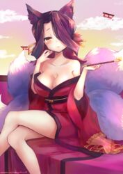  animal_ear_fluff animal_ears artist_name bare_legs bare_shoulders blush breasts cleavage cloud collarbone commentary crossed_legs feet_out_of_frame female flower fox_ears fox_girl fox_tail hair_flower hair_ornament hair_over_one_eye holding holding_smoking_pipe japanese_clothes kimono large_breasts light_smile long_hair long_sleeves looking_at_viewer multiple_tails off_shoulder outdoors patreon_username purple_hair red_kimono sewayaki_kitsune_no_senko-san sitting smoking_pipe solo sora_(sewayaki_kitsune_no_senko-san) tail takuyarawr torii wide_sleeves yellow_eyes 