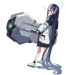  absurdly_long_hair absurdres aris_(blue_archive) black_hair black_hairband black_skirt blue_archive blue_eyes commentary_request female hair_between_eyes hairband halo highres jacket long_hair monukeke open_mouth partial_commentary railgun school_uniform simple_background skirt smile solo very_long_hair white_background white_jacket 