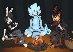  anthro bone campfire candy demon dessert eating felid feral fire food goo_creature group hakan imaginary_friend imp lagomorph leporid male mammal marshmallow marsminer meat mouse murid murine pantherine rabbit rick_evans rodent s&#039;more shen size_difference slime tiger wings 