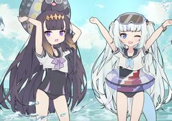  2girls arms_behind_head ball beach beachball black_hair blue_bow blue_eyes blue_hair blunt_bangs bow bracelet competition_swimsuit cowboy_shot cp2980606 diamond_hairband dress fins fish_tail flat_chest gawr_gura goggles goggles_on_head gradient_hair grey_hair hair_ornament headpiece highres hololive hololive_english innertube jewelry long_hair looking_at_viewer mole mole_under_eye multicolored_hair multiple_girls ninomae_ina&#039;nis one-piece_swimsuit one_eye_closed open_mouth orange_hair outstretched_arms purple_bow purple_hair sailor_collar sailor_dress sailor_shirt school_swimsuit shark_girl shark_hair_ornament shark_tail shirt sidelocks streaked_hair swim_ring swimsuit tail takodachi_(ninomae_ina&#039;nis) tentacle_hair transparent very_long_hair virtual_youtuber water 