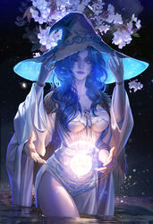  alternate_breast_size black_background blue_hair blue_skin breasts cleavage collarbone colored_skin cracked_skin curly_hair elden_ring english_commentary extra_arms fan_yang_(jiuge) female floating floating_object flower gradient hand_up hat highres large_breasts large_hat light_particles long_hair long_sleeves looking_at_viewer night one_eye_closed outdoors parted_lips ranni_the_witch simple_background solo sparkle thighs wading wide_sleeves witch_hat 