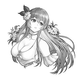  artist_name breasts cleavage clothing_cutout collarbone erinys_(fire_emblem) female fire_emblem fire_emblem:_genealogy_of_the_holy_war floating_hair flower greyscale hair_ribbon head_tilt long_hair medium_breasts meziosaur monochrome o-ring parted_lips ribbon solo underboob_cutout upper_body 