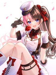  aiguillette arm_support barbell_piercing black_choker black_gloves black_ribbon blue_eyes blunt_bangs blush boots bow bowtie brown_hair choker cross-laced_footwear dress ear_piercing earrings female flower frilled_gloves frills gloves hair_between_eyes hair_ribbon hand_on_ground hand_up hat highres holding holding_flower industrial_piercing iris_black_games jewelry knee_boots knees_up long_hair looking_at_viewer multicolored_hair neck_ribbon open_mouth piercing pink_hair red_bow red_bowtie red_flower red_rose ribbon rose short_dress short_sleeves side_ponytail sidelocks sitting skindentation smile solo split-color_hair suspenders tachibana_hinano_(2nd_costume) tachibana_hinano_(vtuber) toki_(toki_ship8) two-tone_hair virtual_youtuber vspo! white_background white_dress white_footwear white_hat 