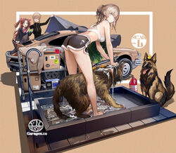  3girls bare_arms barefoot bra brown_hair canine car carton cheryl_(girls&#039;_frontline) chinese_commentary commentary_request dolphin_shorts feet fn_herstal from_behind german_shepherd girls&#039;_frontline holding holding_shower_head legs lin+ logo motor_vehicle multiple_girls official_art pool porsche_911 porsche_930 scar-h_(girls&#039;_frontline) scar-l_(a_peaceful_afternoon_with_the_dogs)_(girls&#039;_frontline) scar-l_(girls&#039;_frontline) shorts shower_head sidelocks sports_car toes underwear water white_bra 