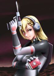  artist_name blonde_hair blue_eyes bodysuit braid character_name energy_gun female gloves grey_bodysuit grey_gloves gun hair_ornament hairclip hand_up headset highres holding holding_gun holding_weapon jaxa koda_minare long_hair nami_yo_kiite_kure outdoors ray_gun solo spj upper_body weapon 