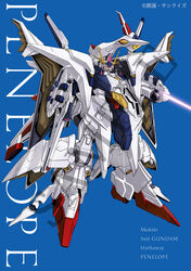  absurdres arm_blade beam_saber blue_background character_name glowing glowing_eyes gundam gundam_hathaway&#039;s_flash highres looking_ahead mecha mobile_suit no_humans official_art penelope_(hathaway&#039;s_flash) pink_eyes robot sample_watermark science_fiction solo v-fin watermark weapon 