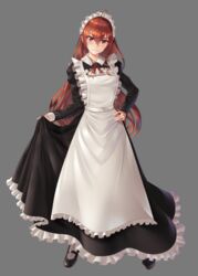  ahoge alternate_costume apron blush enmaided eris_greyrat female fingernails frilled_apron frills full_body grey_background hair_between_eyes hand_on_own_hip highres long_fingernails long_hair looking_at_viewer maid maid_apron maid_headdress mary_janes mushoku_tensei rausu_(undeadmachine) red_eyes red_hair red_ribbon ribbon ringlets shoes solo wavy_mouth 