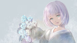  aqua_eyes blunt_bangs bob_cut closed_mouth eyelashes female flower green_kimono grey_background head_tilt highres holding holding_flower japanese_clothes kimono light_purple_hair lips long_sleeves original pink_lips piyoco short_hair sleeves_past_fingers sleeves_past_wrists solo upper_body 