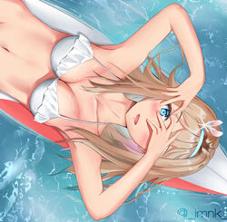  artist_name bikini blonde_hair blue_eyes breasts cleavage collarbone female girls&#039;_frontline hairband highres iamnk long_hair looking_at_viewer lying medium_breasts navel official_alternate_costume on_back one_eye_covered open_mouth solo summer suomi_(girls&#039;_frontline) suomi_(midsummer_pixie)_(girls&#039;_frontline) surfboard swimsuit water white_bikini 