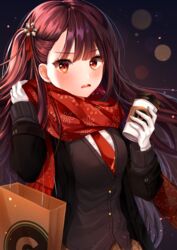  absurdres bad_id bad_pixiv_id bag black_cardigan black_coat brown_hair brown_skirt cardigan coat cup disposable_cup female floating_hair girls&#039;_frontline gloves hair_ornament highres holding holding_cup lens_flare long_hair myowa necktie official_alternate_costume one_side_up open_clothes open_coat open_mouth paper_bag plaid plaid_skirt print_scarf red_eyes red_necktie red_scarf scarf skirt snowflake_hair_ornament snowflake_print solo teacup upper_body very_long_hair wa2000_(date_in_the_snow)_(girls&#039;_frontline) wa2000_(girls&#039;_frontline) white_gloves 