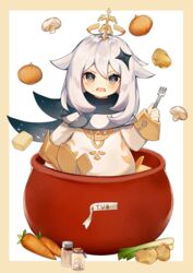  bad_id bad_pixiv_id blue_eyes blush cape carrot celery commentary_request dress female food fork genshin_impact hair_between_eyes halo highres looking_at_viewer mushroom onion open_mouth paimon_(genshin_impact) pot potato romper scarf short_hair soup sugar_cube white_dress white_hair white_romper xoaiu 