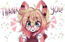  anakoluth animal_ears aska_(anakoluth) blonde_hair blue_eyes commentary dog_ears dog_girl english_commentary female furry furry_female glasses highres looking_away looking_down milestone_celebration original parted_lips round_eyewear short_hair solo teeth upper_body upper_teeth_only 