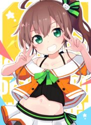  ahoge bare_shoulders black_camisole blush bow brown_hair camisole cat_hair_ornament collarbone commentary_request crop_top double_w female green_bow green_eyes grin groin hair_between_eyes hair_ornament hands_up highres hololive jacket long_hair midriff natsuiro_matsuri natsuiro_matsuri_(1st_costume) navel off-shoulder_jacket off_shoulder okota_mikan orange_jacket pinstripe_camisole pinstripe_pattern pleated_skirt side_ponytail skirt smile solo star_(symbol) striped virtual_youtuber w white_skirt 