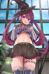  absurdres blue_hair breasts colored_inner_hair cosplay crop_top female from_below gloves hat highres hololive large_breasts long_hair midriff minato_aqua multicolored_hair murasaki_shion murasaki_shion_(1st_costume) murasaki_shion_(cosplay) navel open_mouth pokeeeo_o purple_eyes purple_hair skirt solo striped twintails two-tone_hair vertical_stripes virtual_youtuber window witch_hat zettai_ryouiki 