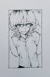  breasts dagashi_kashi female glasses greyscale highres kotoyama looking_at_viewer medium_hair monochrome open_mouth owari_hajime semi-rimless_eyewear shirt simple_background smile solo 