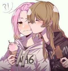  !? 2girls bangs_pinned_back black_hoodie blush brown_hair closed_eyes closed_mouth commentary d4dj embarrassed food food_on_face gradient_hair grey_hoodie hand_up hood hood_down hoodie ice_cream ice_cream_cone inuyose_shinobu jewelry licking licking_another&#039;s_face licking_another&#039;s_lips long_hair long_sleeves multicolored_hair multiple_girls necklace orange_hair pink_hair profile ring ring_necklace royyy999 simple_background sleeves_past_wrists spoken_interrobang star_(symbol) sweatdrop symbol-only_commentary tongue tongue_out upper_body wavy_mouth white_background yamate_kyouko yellow_eyes yuri 