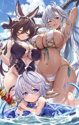  +_+ 3girls :d afloat animal_ear_fluff animal_ears armlet armpits arms_behind_head arms_up barefoot bikini black_one-piece_swimsuit blue_eyes blue_hair blue_sky breasts brown_hair casual_one-piece_swimsuit cleavage closed_eyes closed_mouth cloud dark-skinned_female dark_skin day fangs fediel_(granblue_fantasy) flower galleon_(granblue_fantasy) gloves granblue_fantasy grey_hair groin hair_between_eyes hair_flower hair_ornament highres horns huge_breasts innertube ks_(xephyrks) long_hair looking_at_viewer lying multicolored_hair multiple_girls navel on_stomach one-piece_swimsuit open_mouth outdoors pointy_ears red_eyes short_hair sky smile standing streaked_hair swim_ring swimsuit two-tone_hair wading wamdus_(granblue_fantasy) water water_drop wet white_gloves white_hair 