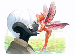  1other apple_brk au_ra black_skin colored_skin dark-skinned_female dark_skin detached_sleeves dragon_horns fairy fairy_wings female feo_ul final_fantasy final_fantasy_xiv horns kissing kissing_nose mini_person minigirl pixie_(ff14) red_hair short_hair size_difference smile twintails warrior_of_light_(ff14) white_hair wings 