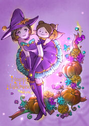  2girls adventurer_(ff11) armband artist_name bat_(animal) brown_hair candy choker dress earrings elbow_gloves final_fantasy final_fantasy_xi flower food gloves grey_eyes halloween happy_halloween hat highres hume jewelry kneehighs multiple_girls piyoco pointy_ears pumpkin purple_choker purple_dress purple_gloves purple_headwear purple_legwear short_hair smile socks strapless strapless_dress tarutaru witch_hat 