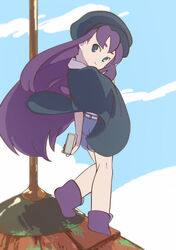  bad_id bad_pixiv_id belt black_eyes black_headwear blue_shorts blue_sky cloud cloudy_sky female full_body highres holding holding_phone kuizhi_(the_legend_of_luoxiaohei) long_hair luo_xiaohei_zhanji osushi_templa phone purple_footwear purple_hair shoes shorts sky solo standing very_long_hair white_belt 