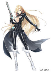  akamiso_(k074510) belt black_bodysuit black_gloves blonde_hair blue_eyes bodysuit boots breasts closed_mouth contrapposto female full_body gloves gun highres holding holding_gun holding_weapon holster idola_phantasy_star_saga knee_boots large_breasts legs_apart long_hair looking_at_viewer official_art phantasy_star phantasy_star_online_2 popped_collar shannon_(idola) simple_background smile solo standing tachi-e weapon white_background white_footwear 