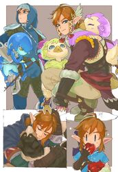  2boys 2girls absurdres ahoge animal apple bad_id bad_pixiv_id bird_girl black_cape blue_bodysuit blue_eyes blue_headwear blue_skin bodysuit border brown_hair brown_pants canine cape champion&#039;s_tunic_(zelda) character_request closed_eyes colored_skin commentary earrings eating feather_hair_ornament feathers food fruit hair_ornament highres holding holding_food holding_fruit holding_person holding_stick hood hooded_cape hug hylian_retriever hylian_set_(zelda) ivy_(sena0119) jewelry kheel_(zelda) kotts_(zelda) link looking_at_viewer looking_up male_focus medium_hair multiple_boys multiple_girls multiple_views official_alternate_costume pants pointy_ears red_apple rito snowquill_set_(zelda) solo_focus squatting stick the_legend_of_zelda the_legend_of_zelda:_breath_of_the_wild white_border zora zora_set_(zelda) 