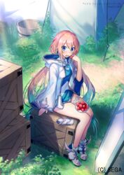  :o bare_legs blue_dress blue_eyes blue_hair blush bucket canata_katana crate dress female food fruit full_body gradient_hair grass hair_between_eyes highres hood hood_down idola_phantasy_star_saga long_hair long_sleeves looking_at_viewer low_twintails multicolored_hair official_art open_mouth outdoors phantasy_star phantasy_star_online_2 pink_hair plate raised_eyebrows shoes sitting solo stella_(idola) strawberry tent thighlet twintails white_footwear wide_sleeves 