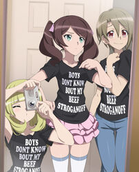  3girls absurdres andou_kuriyo beef_stroganoff bitches_don&#039;t_know black_shirt blonde_hair blunt_bangs bow breasts brown_hair camera chuunioniika closed_eyes clothes_writing collarbone commentary denim english_commentary english_text frilled_skirt frills green_eyes grey_hair hairbow hand_under_clothes hand_under_skirt highres itaba_yumi jeans long_sleeves medium_hair meme mirror multiple_girls pants parted_bangs petite pink_bow pink_skirt pointing pose red_eyes reflection selfie senki_zesshou_symphogear shirt short_hair skindentation skirt small_breasts smile t-shirt taking_picture terashima_shiori thighhighs white_legwear zettai_ryouiki 