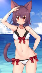  animal_ears bangle bikini blue_sky bracelet breasts brown_hair cat_ears cat_girl cat_tail day female frilled_bikini frills hand_on_own_hip highres horizon jewelry kida_kuro_mu looking_at_viewer medium_breasts navel ocean orange_eyes original outdoors shading_eyes short_hair sky slit_pupils solo standing stomach swimsuit tail white_bikini 