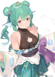  artist_name bare_shoulders black_leotard breasts cleavage_cutout clothing_cutout commentary double_bun english_commentary female finana_ryugu finana_ryugu_(2nd_costume) fins fish_girl flower green_hair green_skirt hair_bun hair_flower hair_ornament head_fins highres japanese_clothes kimono leotard leotard_under_clothes long_hair looking_at_viewer nijisanji nijisanji_en official_alternate_costume purple_eyes simple_background skirt small_breasts solo tiara twintails twitter_username virtual_youtuber white_background white_kimono zeradok 