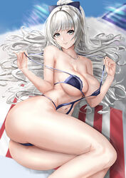  absurdres ass azur_lane bikini bow breasts clothing_cutout female grey_eyes grey_hair hairbow highres large_breasts looking_at_viewer lying mippei monokini navel_cutout o-ring o-ring_swimsuit official_alternate_costume on_side pulling_own_clothes purple_bow sagging_breasts solo strap_pull swimsuit untied_bikini vittorio_veneto_(azur_lane) vittorio_veneto_(the_flower_of_la_spezia)_(azur_lane) 