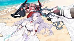  3girls artist_request azur_lane beach black_dress black_hair breasts chkalov_(azur_lane) cleavage coat detached_sleeves dress gloves hair_on_horn hair_over_one_eye half_gloves hands_on_own_chest horns huge_breasts huge_horns kokonotsunbai lab_coat large_breasts loading_screen long_hair long_horns looking_at_viewer lying multiple_girls ocean official_art on_back on_stomach outdoors pencil_skirt pink_hair plymouth_(azur_lane) prinz_rupprecht_(azur_lane) purple_eyes purple_hair sand skirt third-party_source water white_coat white_dress white_gloves yellow_eyes 