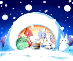  blue_eyes brown_eyes charmeleon claws commentary_request fangs hisuian_zorua ivysaur kinakomochi_(kazuna922) night no_humans open_mouth outdoors pokemon pokemon_(creature) quinzhee sitting snow_sculpture snow_shelter snowing tongue wartortle 