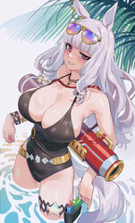  absurdres animal_ears bare_shoulders beach belt black_one-piece_swimsuit blunt_bangs breasts casual_one-piece_swimsuit cleavage day eyewear_on_head female gold_ship_(run_revolt_launcher)_(umamusume) gold_ship_(umamusume) grey_hair gun hair_ornament handgun highres holding holding_water_gun holster holstered horse_ears horse_girl horse_tail huge_breasts long_hair looking_at_viewer official_alternate_costume official_alternate_hairstyle one-piece_swimsuit outdoors purple-tinted_eyewear purple_eyes sarcophage smile solo sunglasses swimsuit tail thigh_holster thighs tinted_eyewear umamusume very_long_hair wading water water_gun weapon white_hair yellow-framed_eyewear 