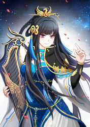  black_hair blue_dress braid chinese_clothes dress female highres instrument jewelry long_hair mu_tian_ming purple_eyes solo thunderbolt_fantasy xunling 